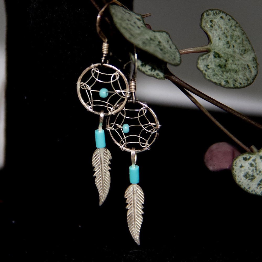 Sterling Silver Dreamcatcher Earrings Turquoise‎ Bead Feather Dangle 925 Boho